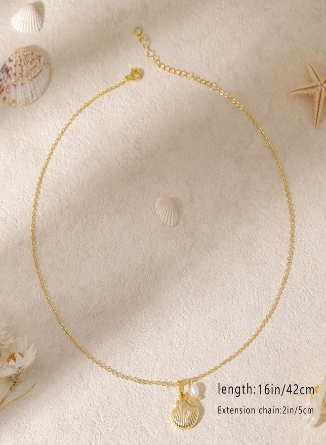 Ewrkbrㅤ Ewrkbr Summer Beach Necklace for Women,14k Gold Plated Cute Boho Pearl Shell Choker Necklaces for Women Trendy Dainty Seashell Gold Charm Necklace Waterproof Jewelry Womens - Image 3